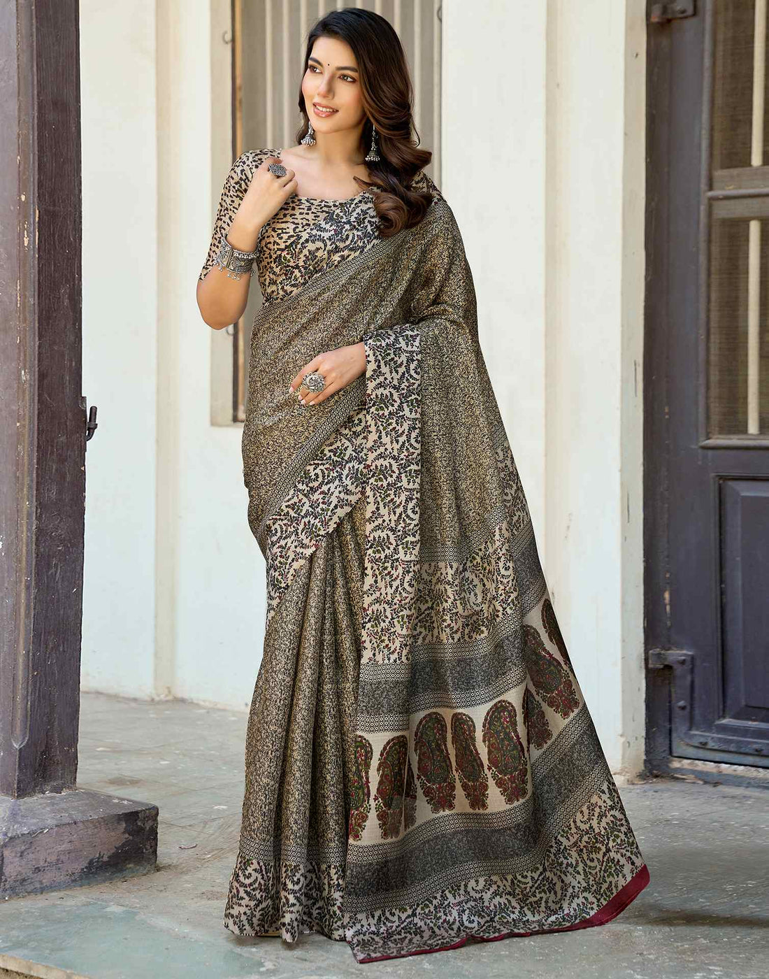 Dark Beige Khadi Printed Saree