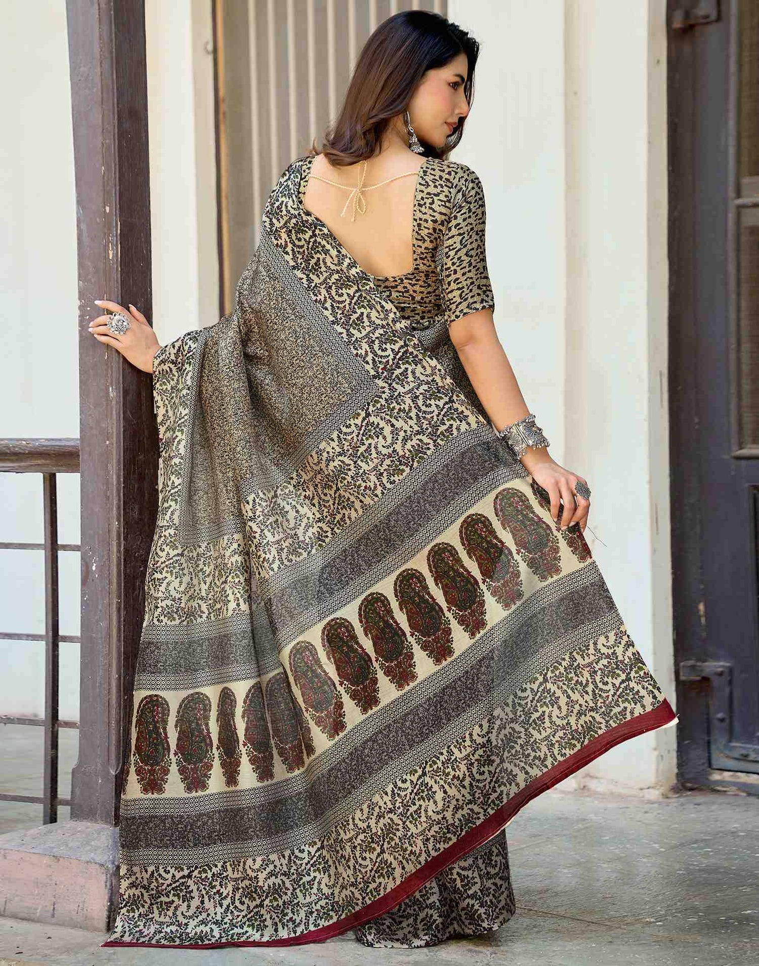 Dark Beige Khadi Printed Saree