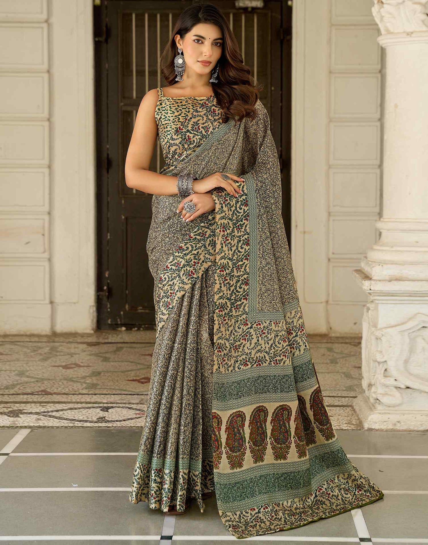 Dark Beige Khadi Printed Saree