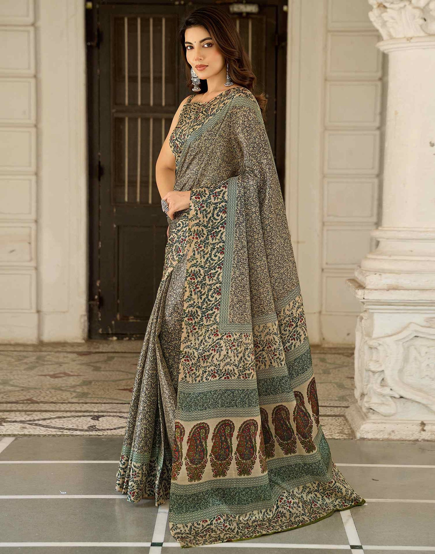 Dark Beige Khadi Printed Saree