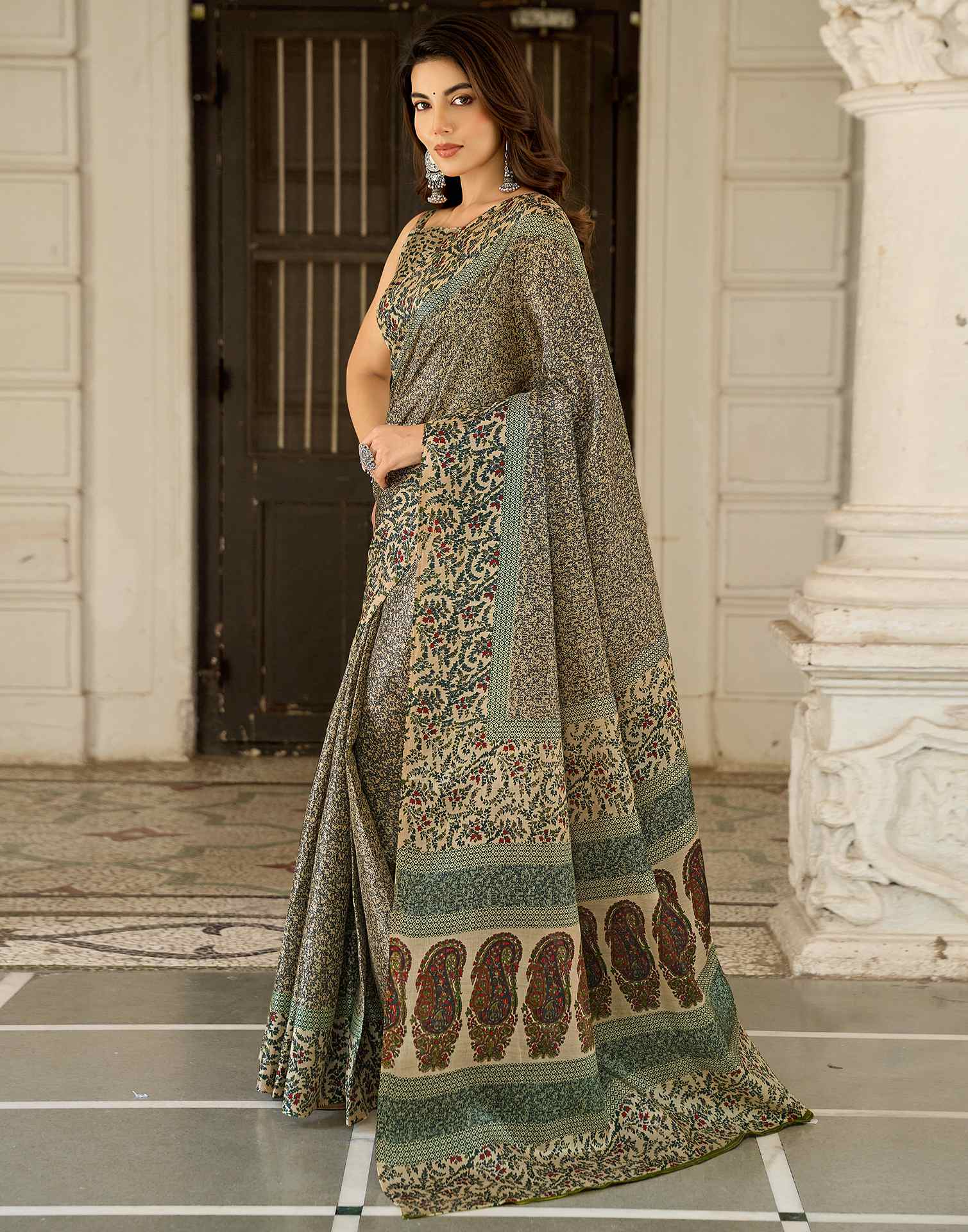 Dark Beige Khadi Printed Saree