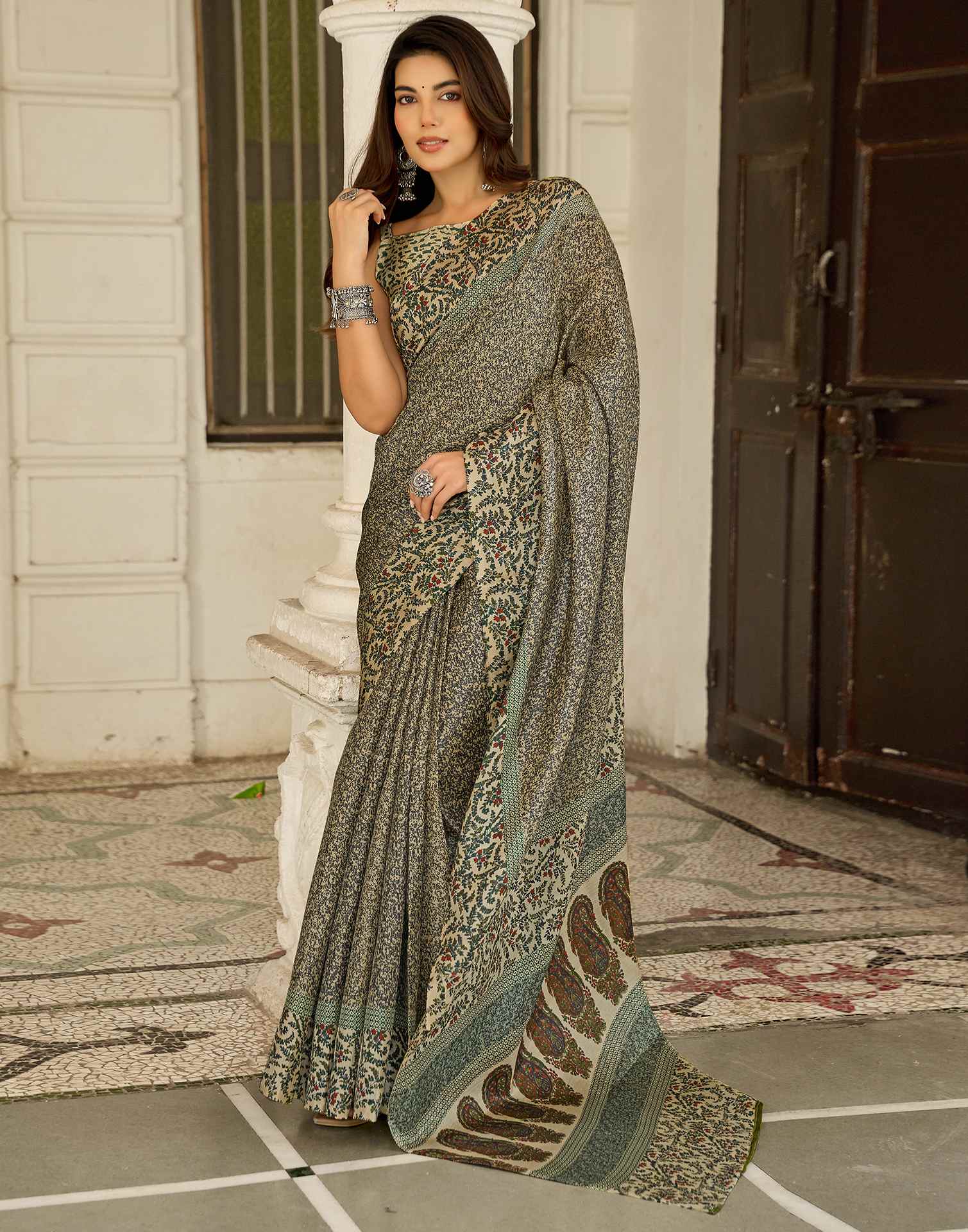 Dark Beige Khadi Printed Saree