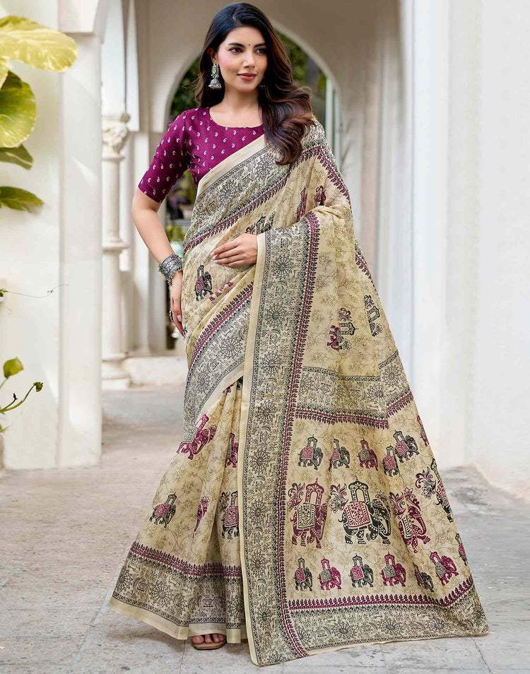 Beige Khadi Printed Saree