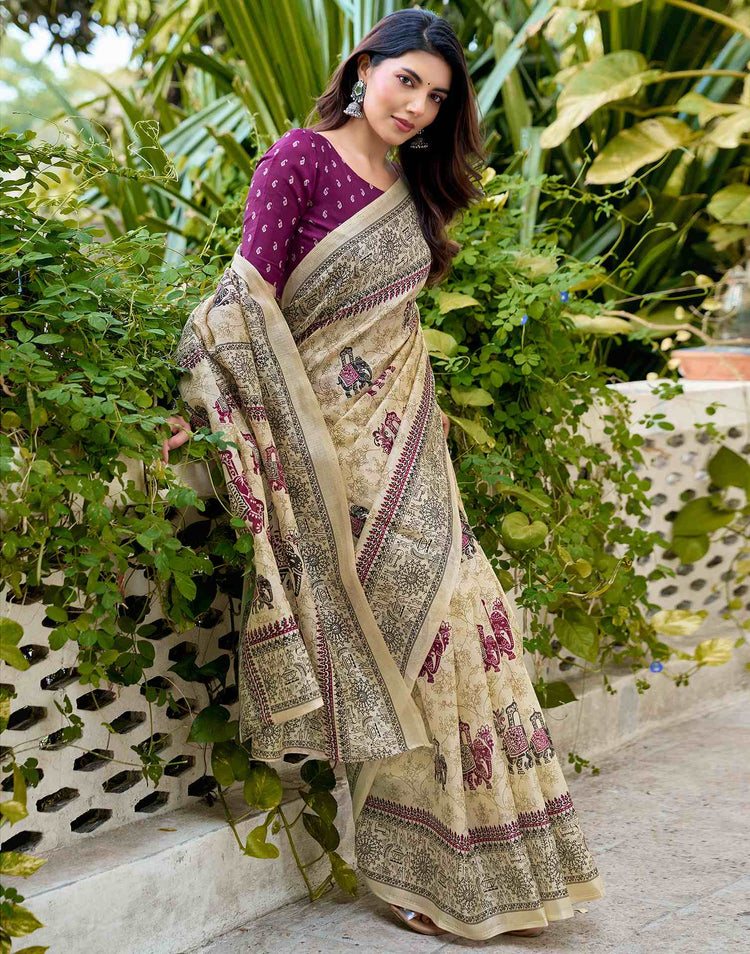 Beige Khadi Printed Saree