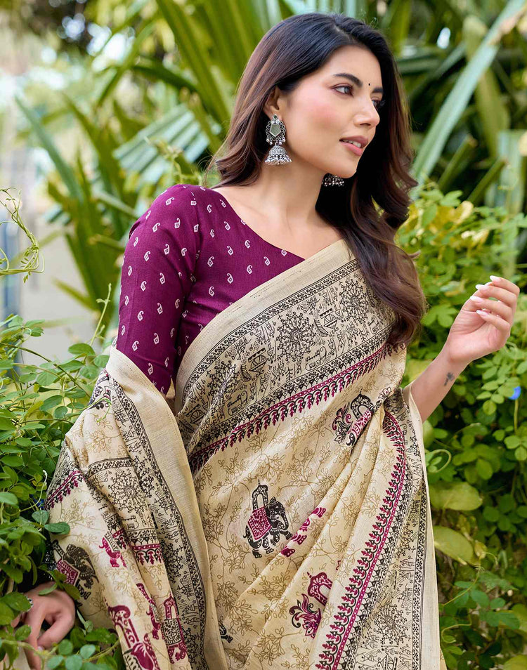 Beige Khadi Printed Saree