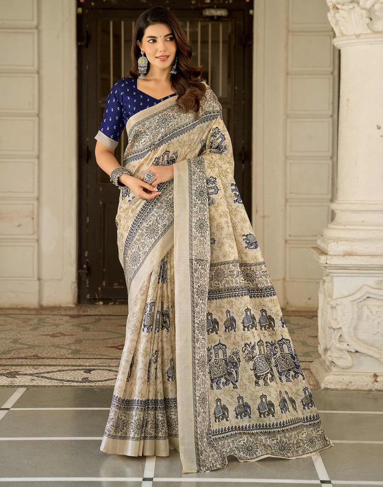 Beige Khadi Printed Saree