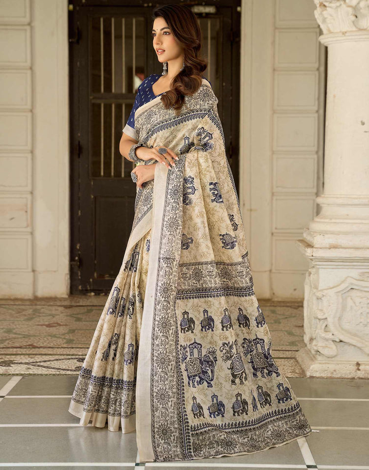 Beige Khadi Printed Saree