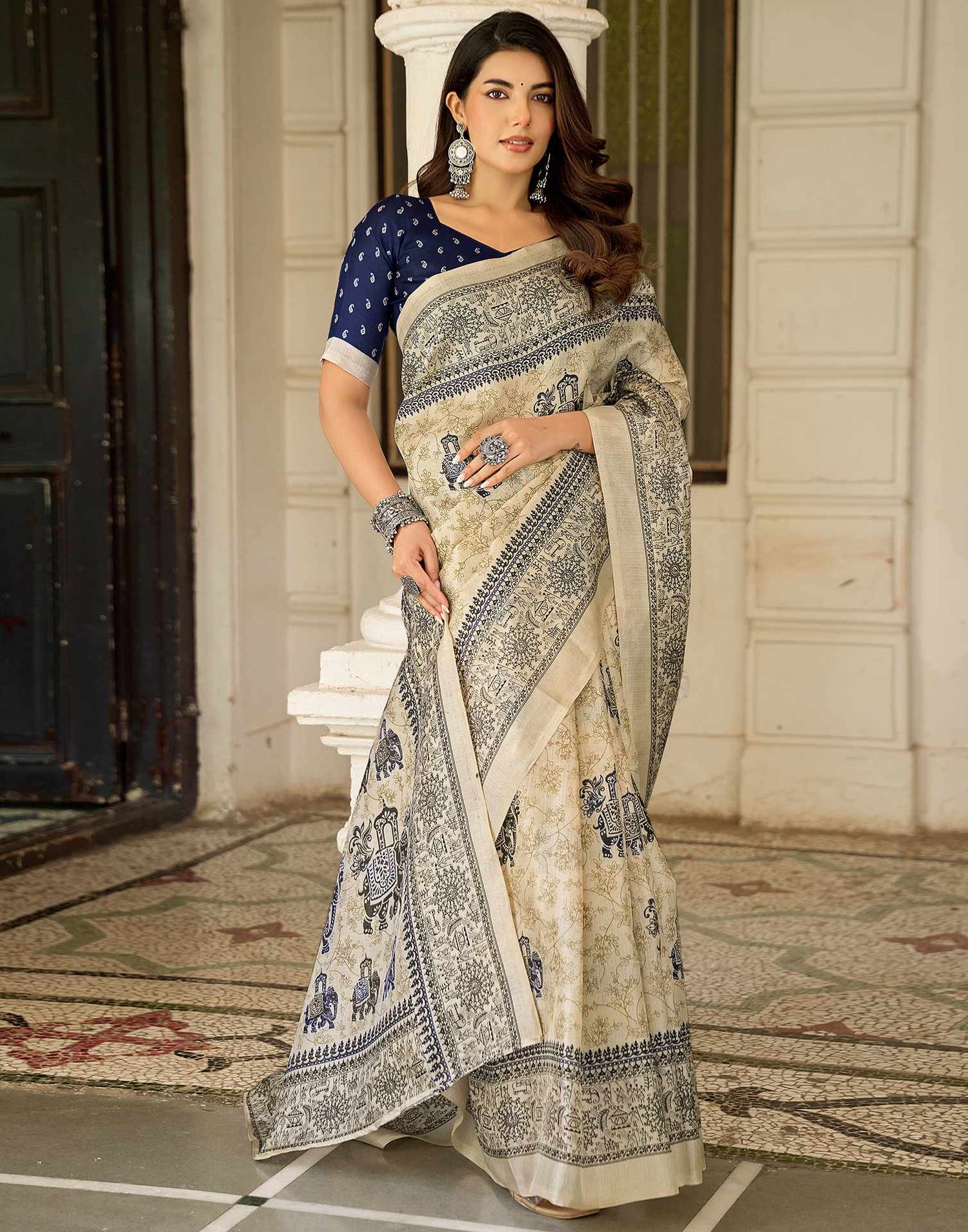 Beige Khadi Printed Saree