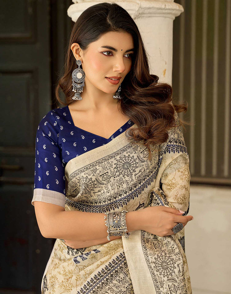 Beige Khadi Printed Saree