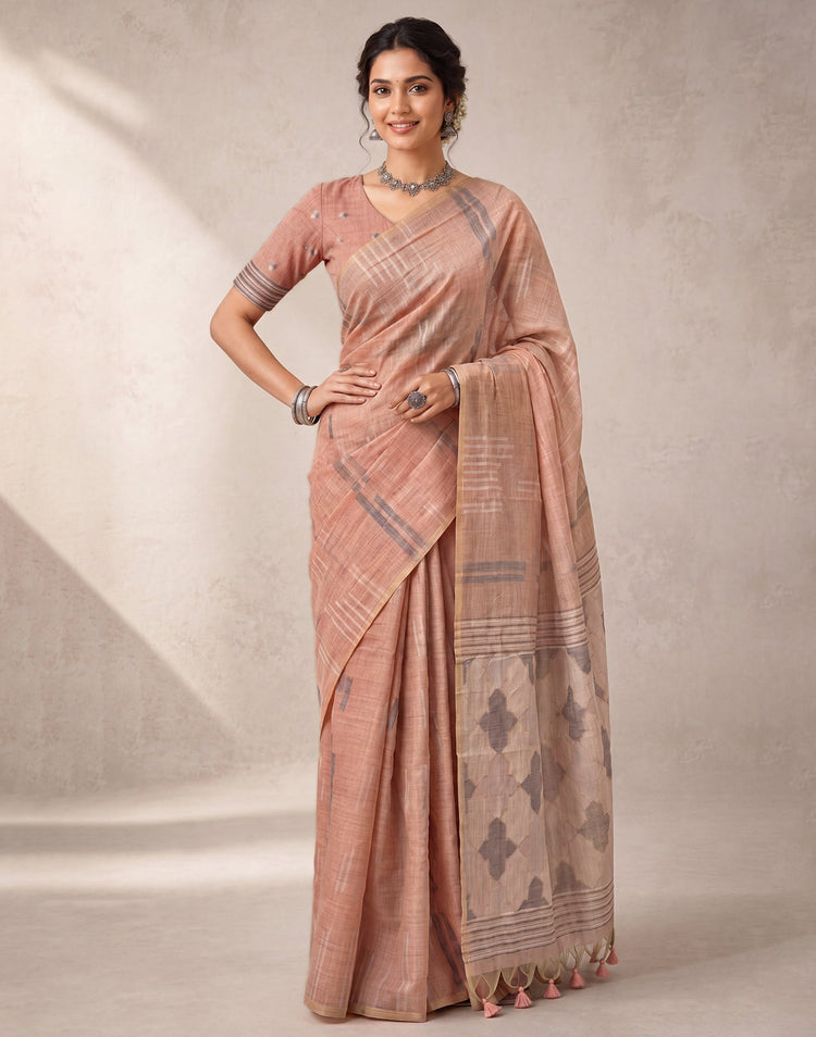 Light Peach Cotton Silk Woven Handloom Saree
