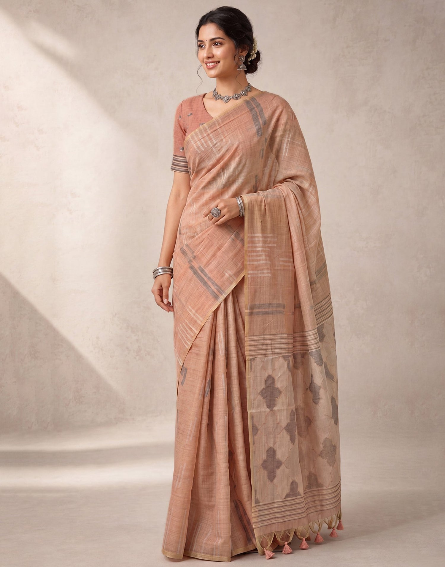 Light Peach Cotton Silk Woven Handloom Saree