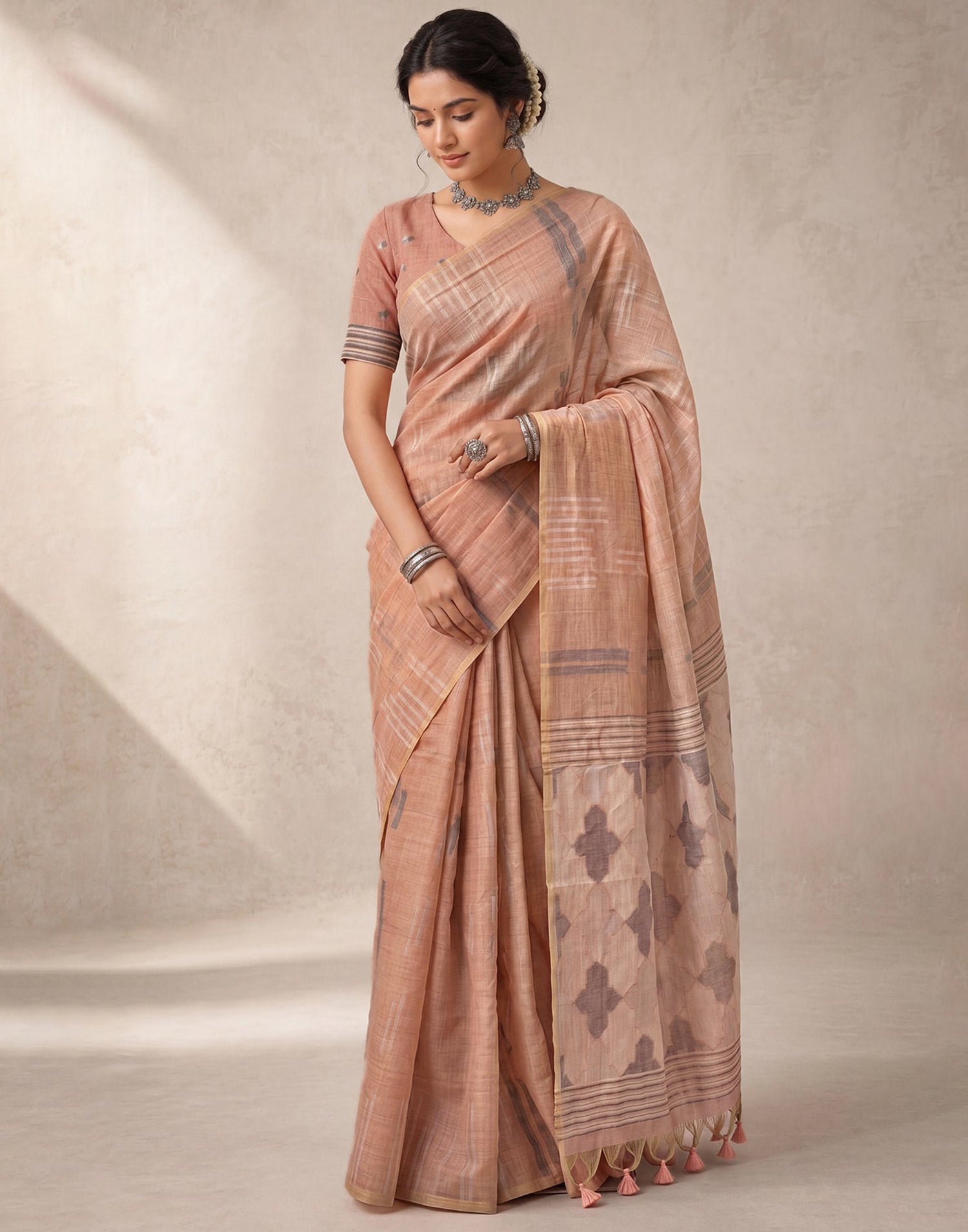 Light Peach Cotton Silk Woven Handloom Saree