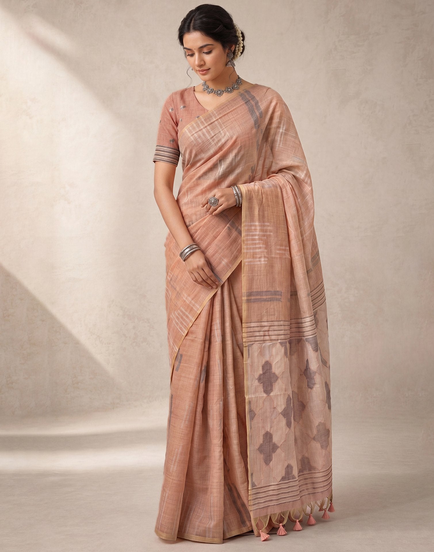 Light Peach Cotton Silk Woven Handloom Saree