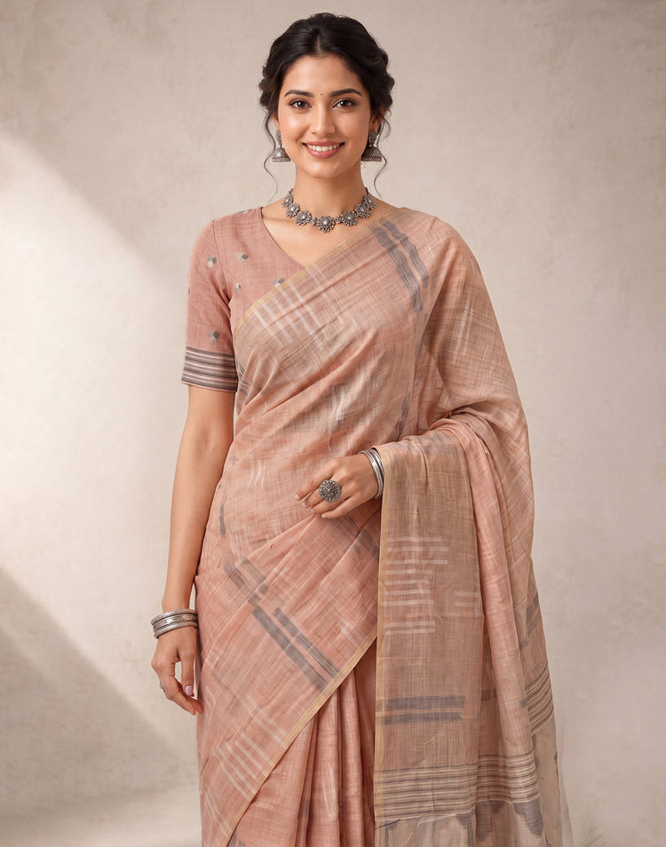 Light Peach Cotton Silk Woven Handloom Saree