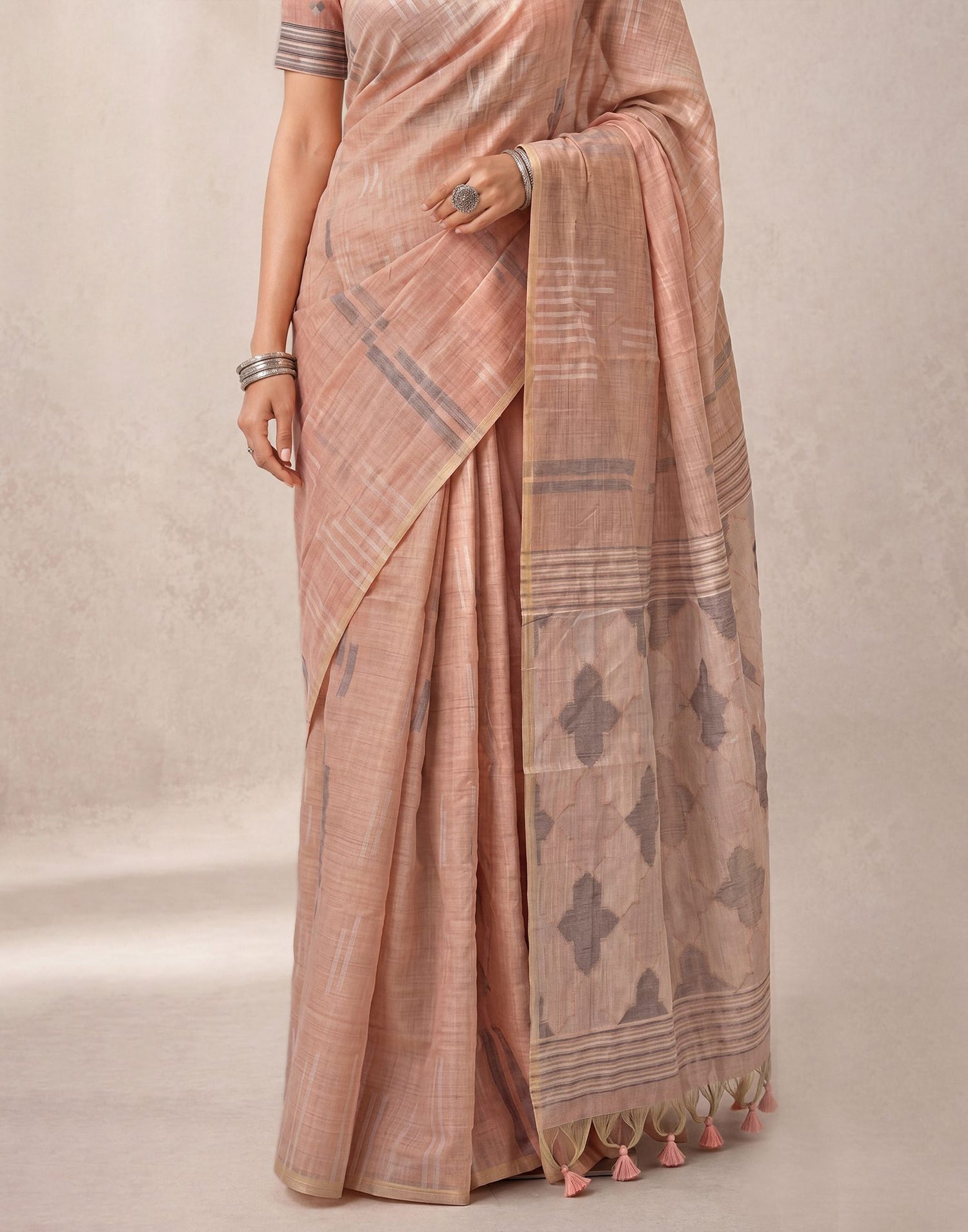 Light Peach Cotton Silk Woven Handloom Saree