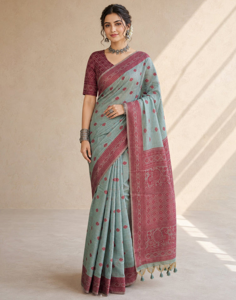 Dusty Blue Mint Cotton Silk Woven Saree
