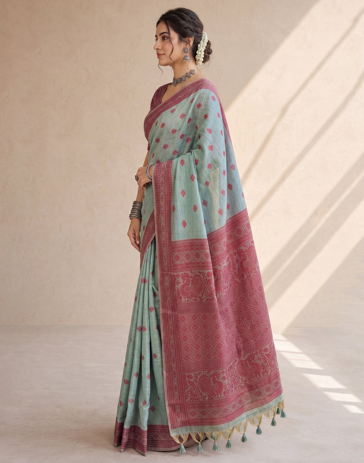 Dusty Blue Mint Cotton Silk Woven Saree