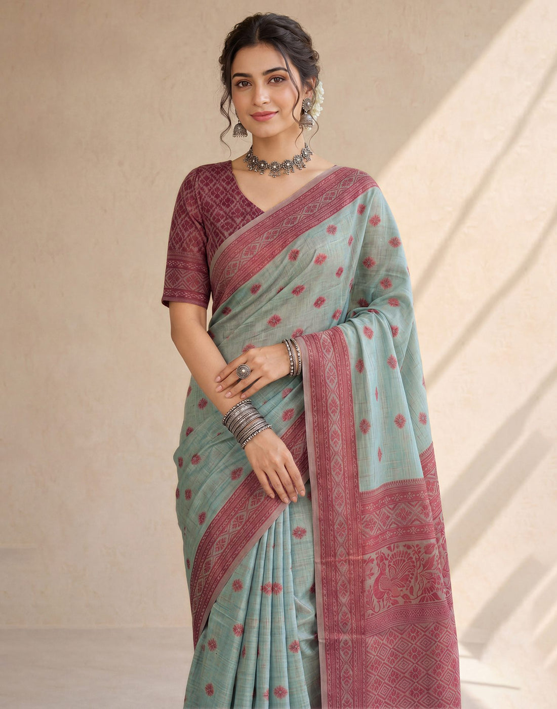 Dusty Blue Mint Cotton Silk Woven Saree
