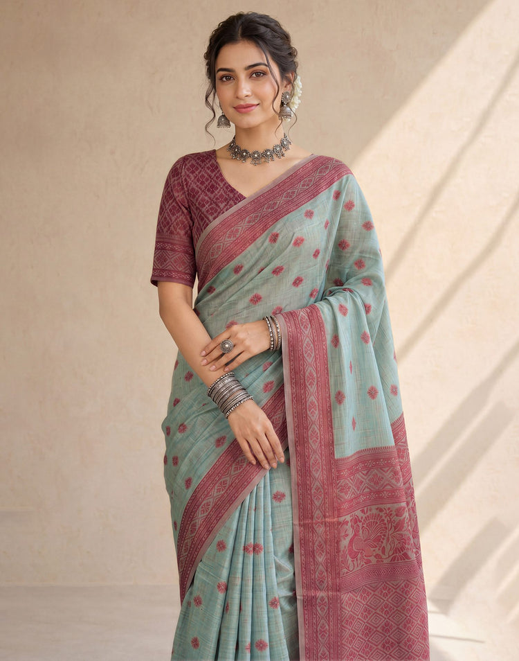 Dusty Blue Mint Cotton Silk Woven Saree