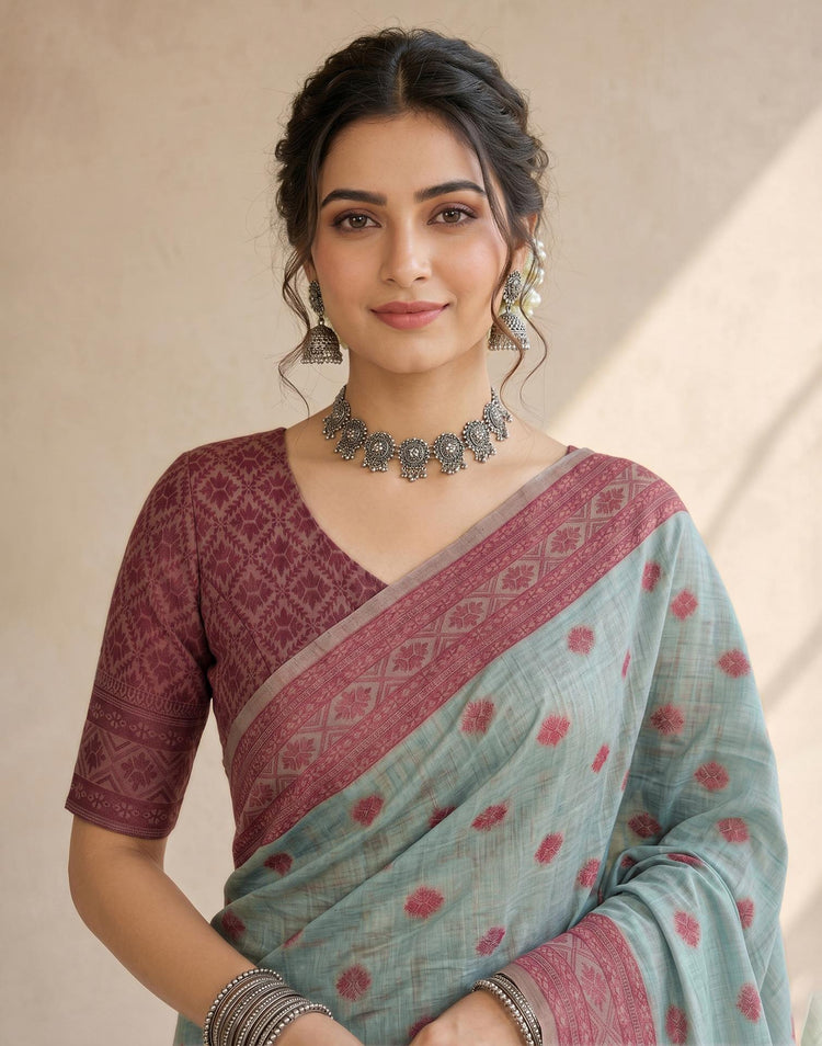 Dusty Blue Mint Cotton Silk Woven Saree