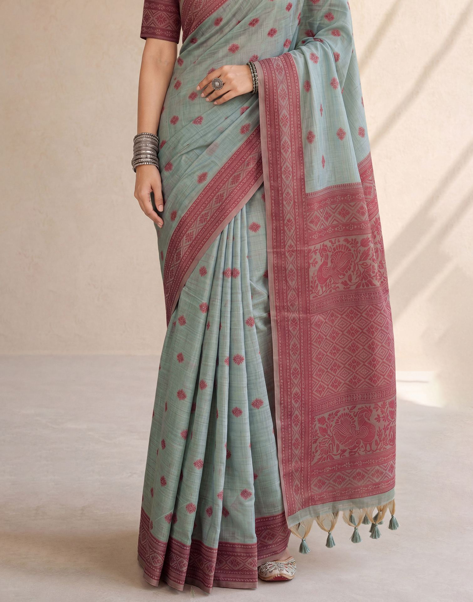 Dusty Blue Mint Cotton Silk Woven Saree