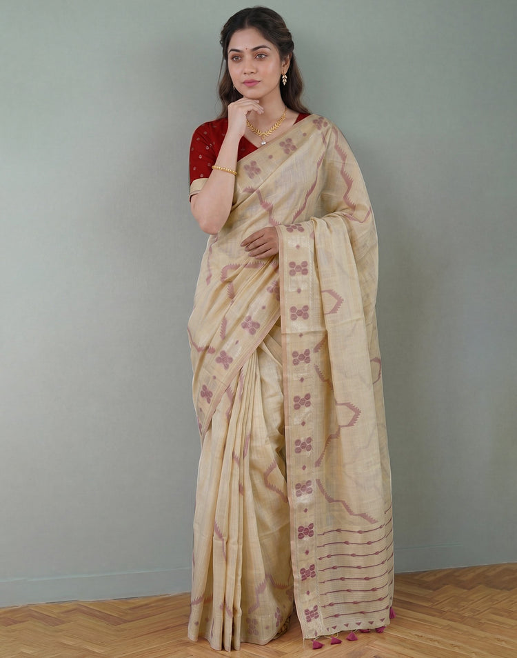 Beige Cotton Silk Woven Saree