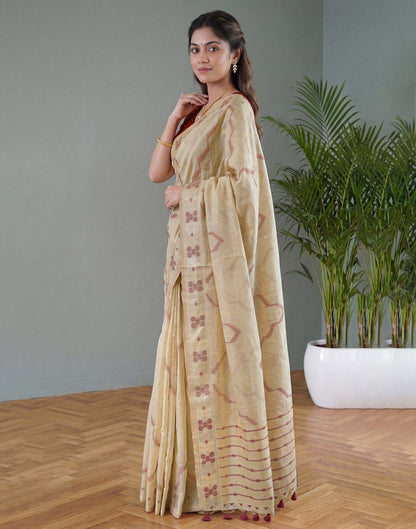 Beige Cotton Silk Woven Saree