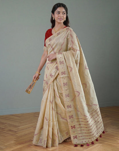 Beige Cotton Silk Woven Saree