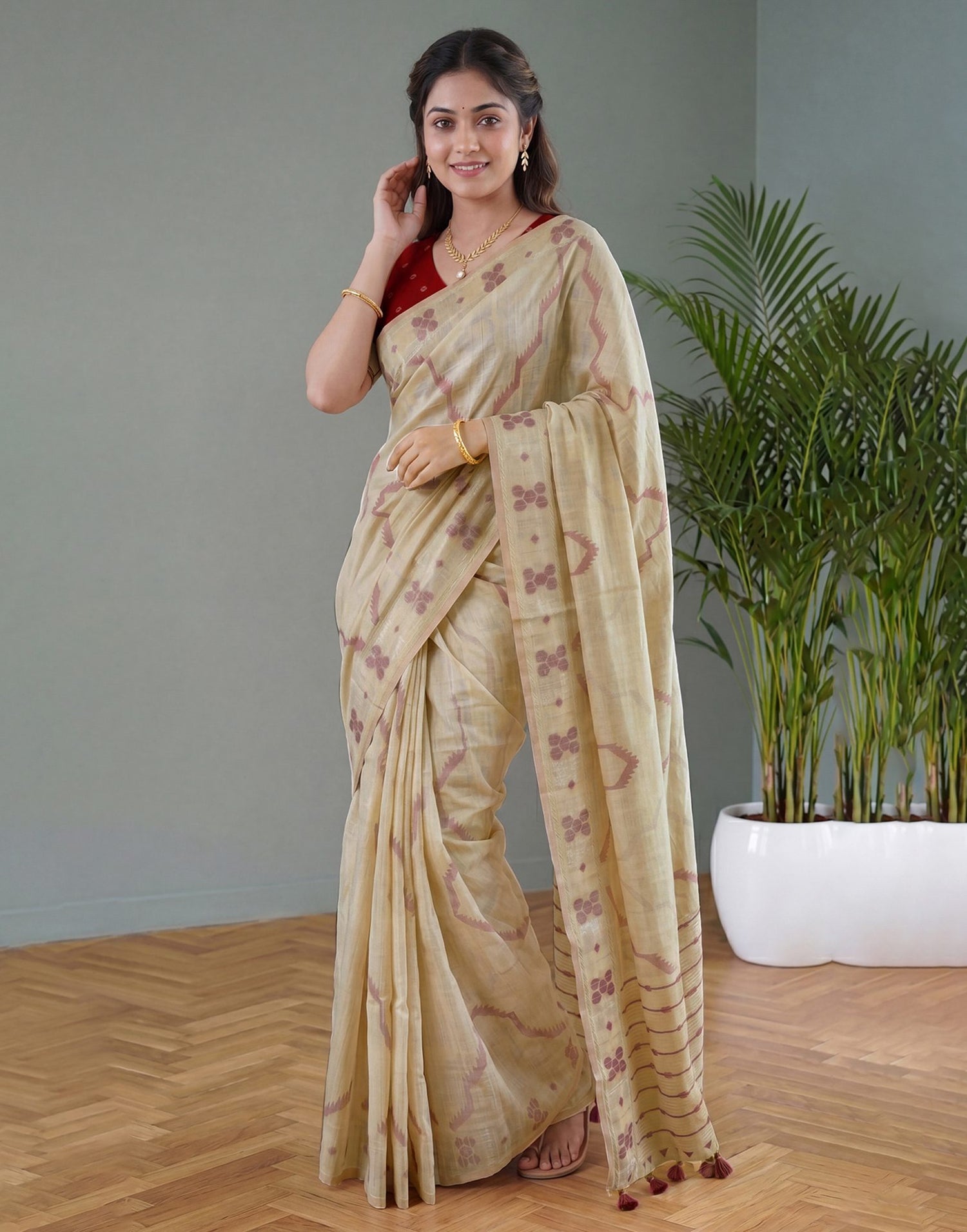 Beige Cotton Silk Woven Saree