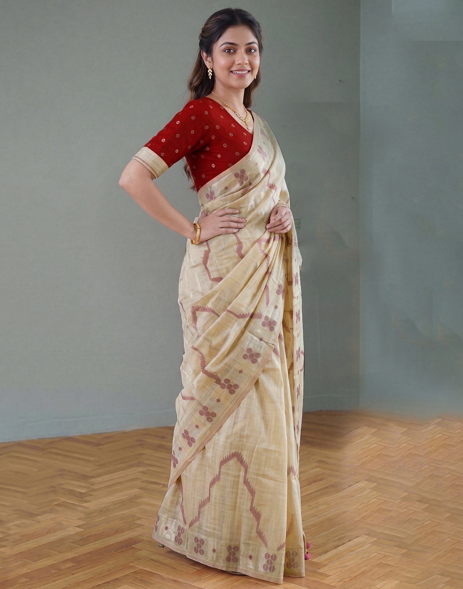 Beige Cotton Silk Woven Saree