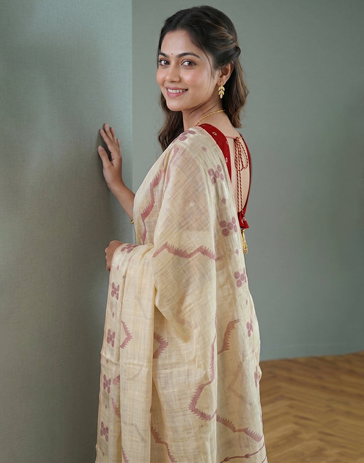 Beige Cotton Silk Woven Saree