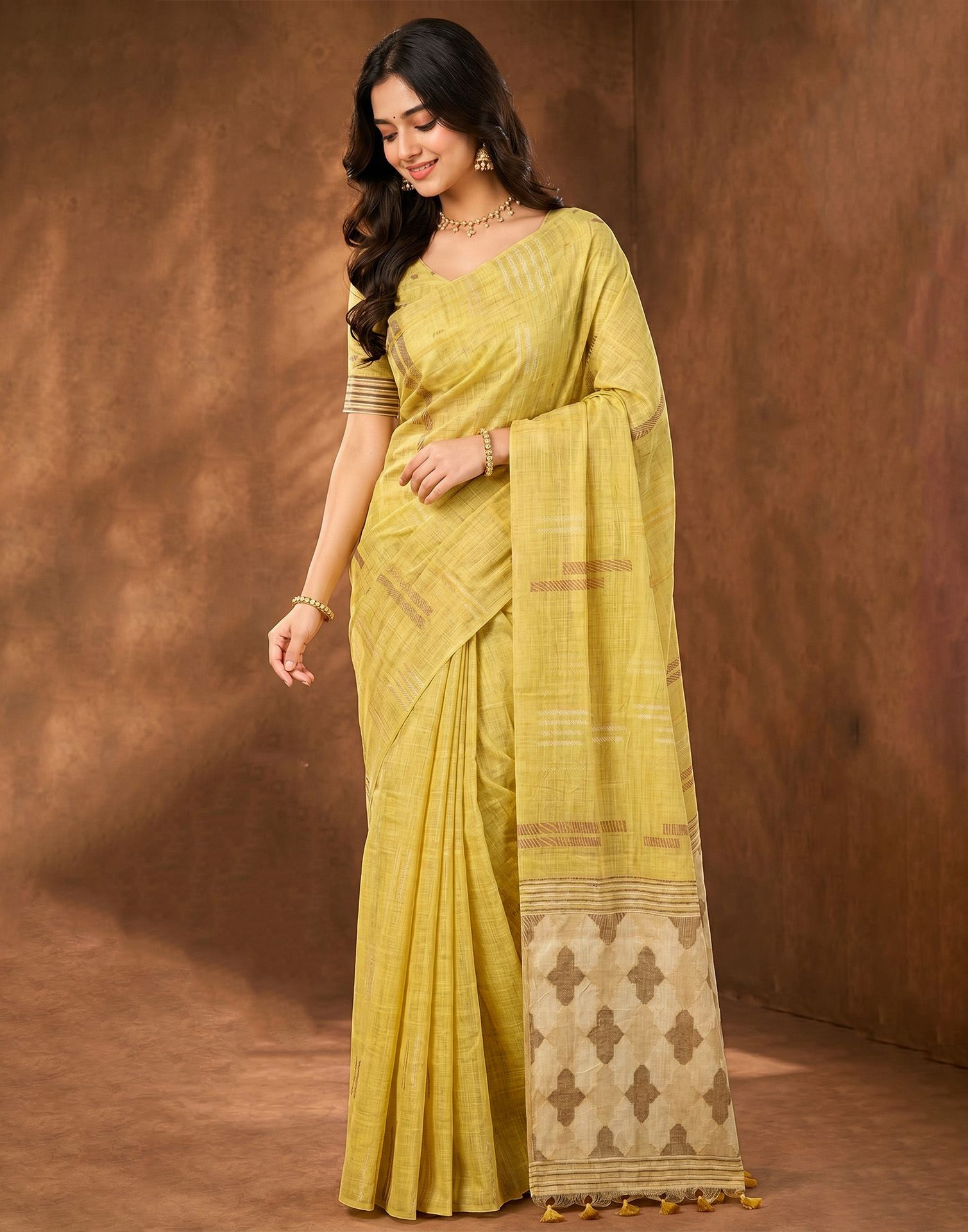 Light Yellow Cotton Silk Woven Saree