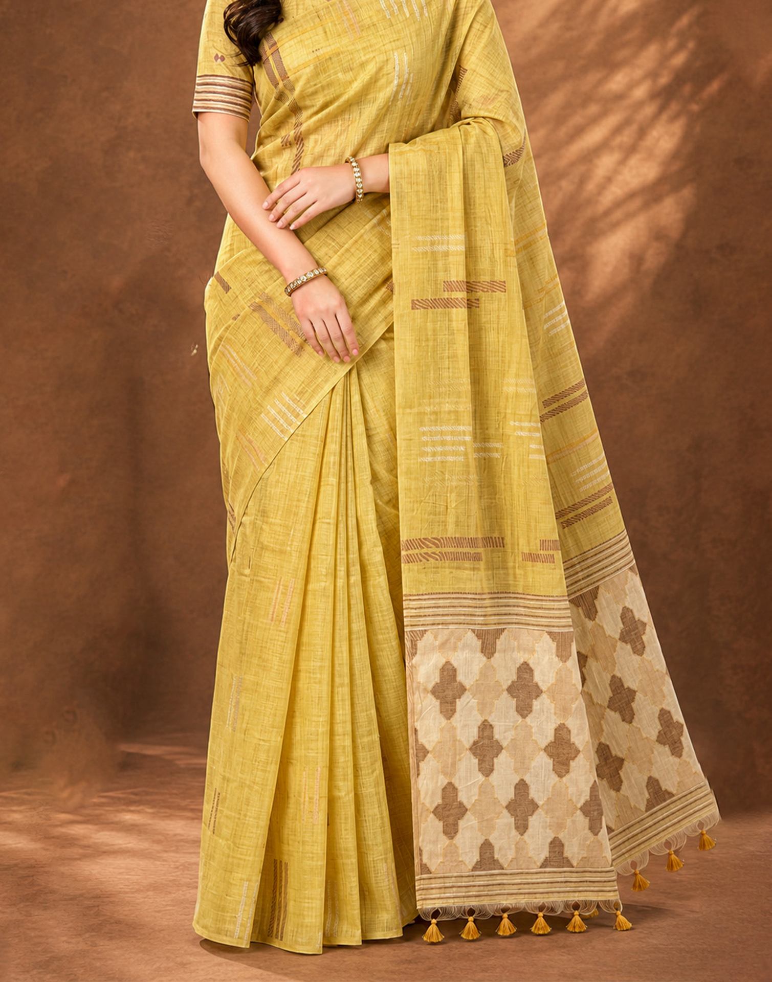 Light Yellow Cotton Silk Woven Saree