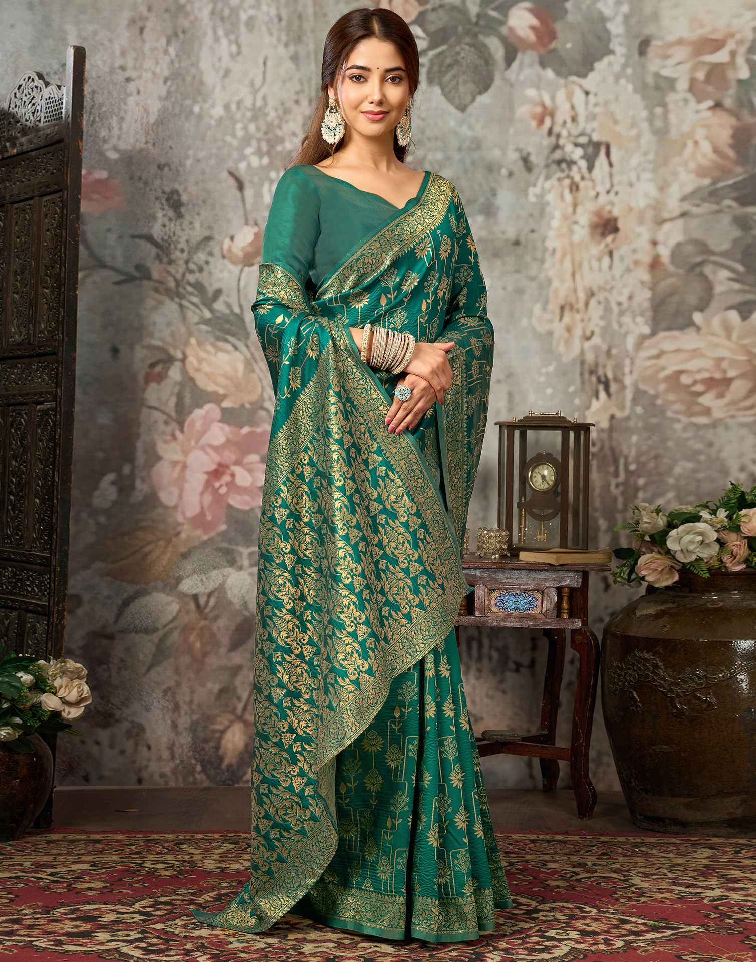 Teal Green Silk Woven Banarasi Saree