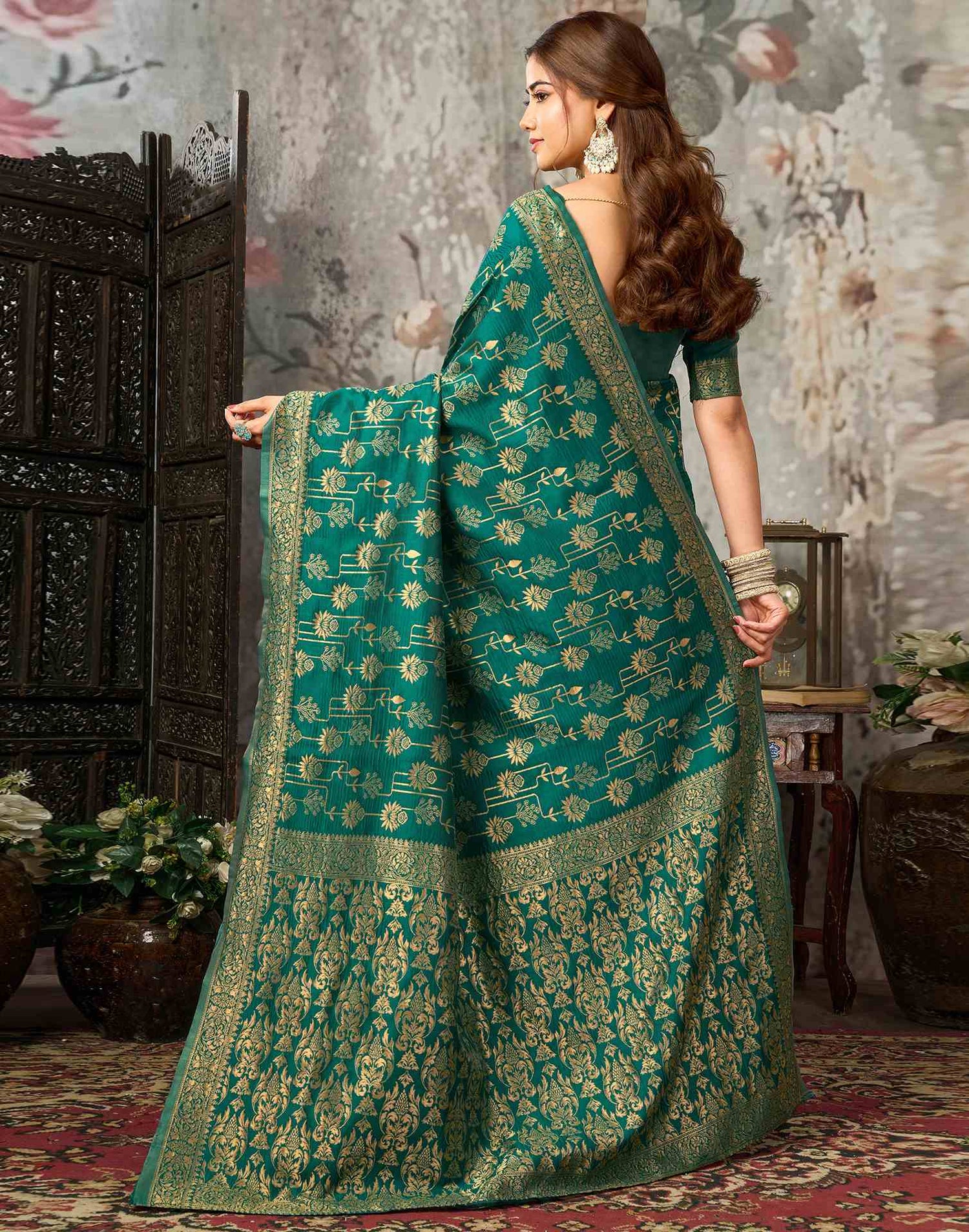 Teal Green Silk Woven Banarasi Saree