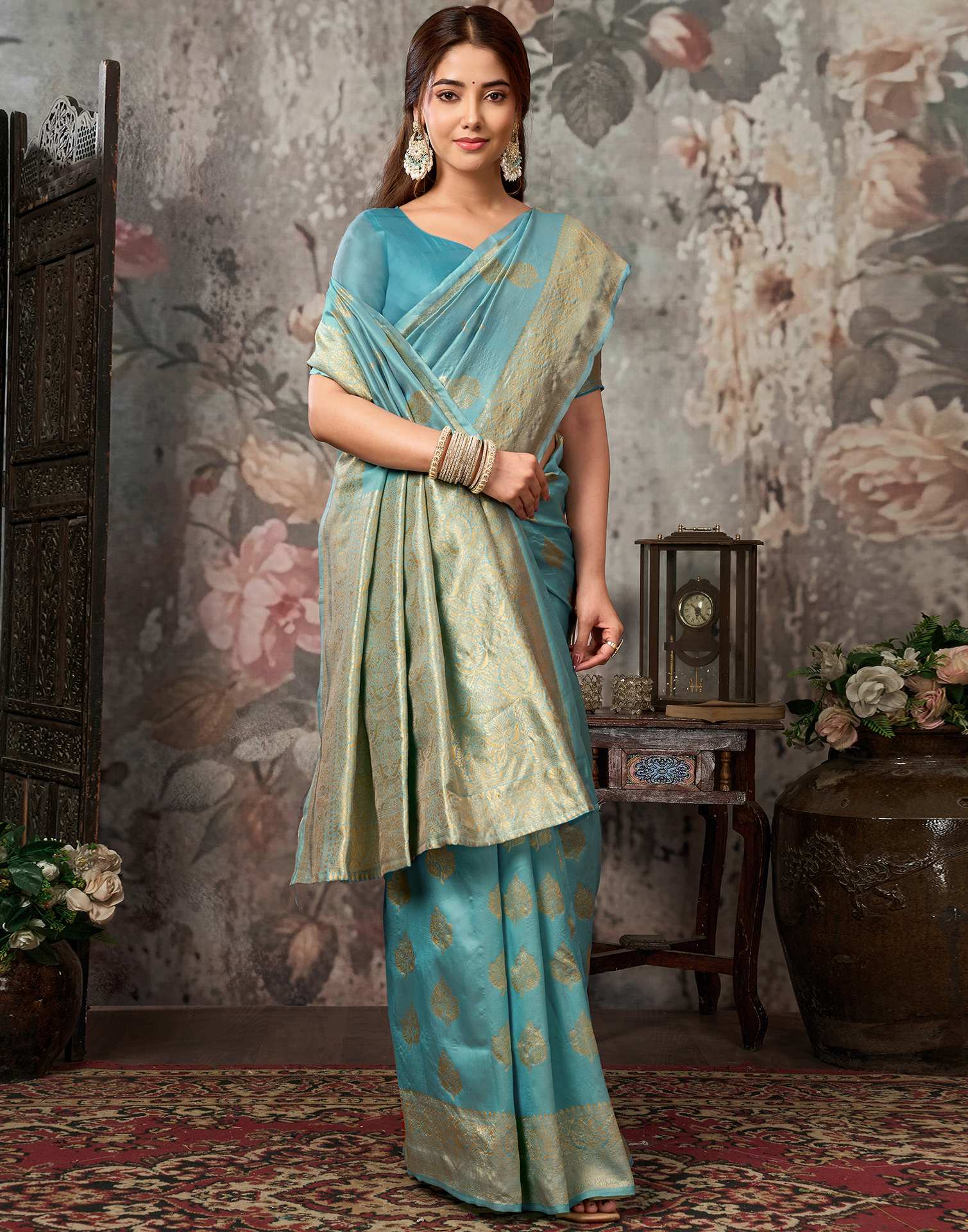 Sky Blue Silk Woven Banarasi Saree