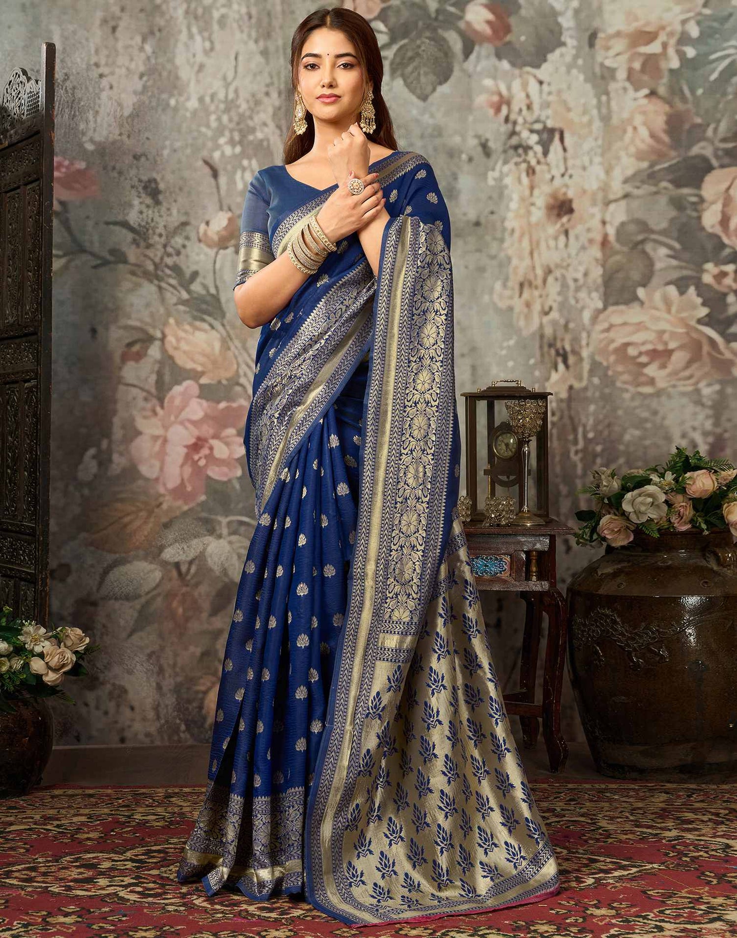 Navy Blue Silk Woven Banarasi Saree