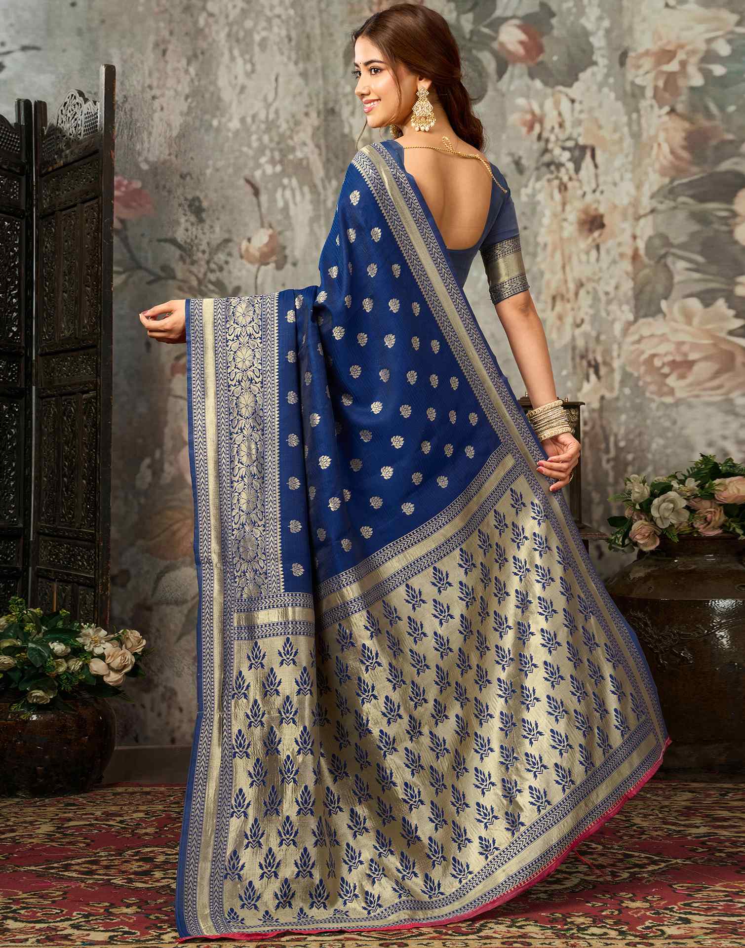 Navy Blue Silk Woven Banarasi Saree