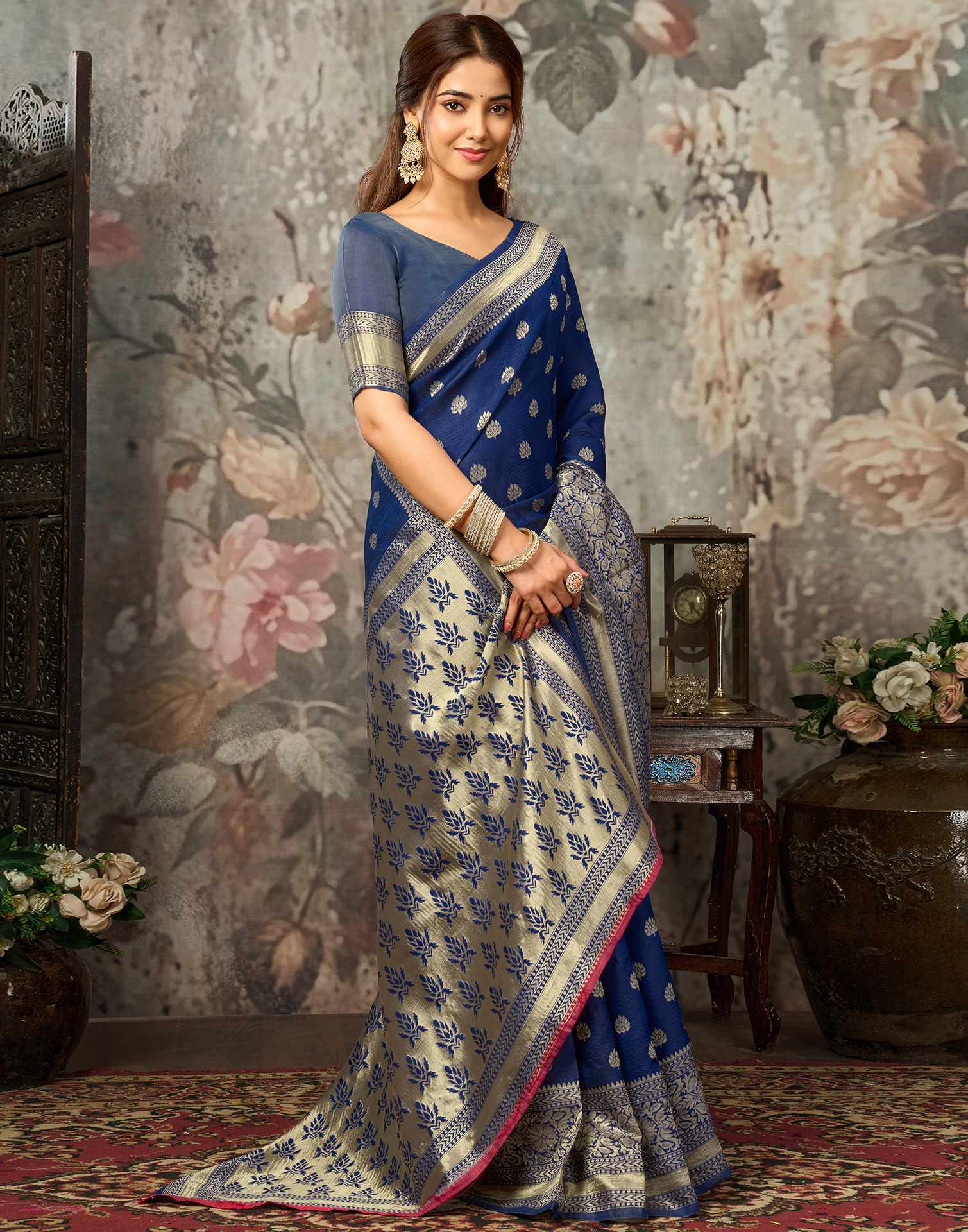 Navy Blue Silk Woven Banarasi Saree