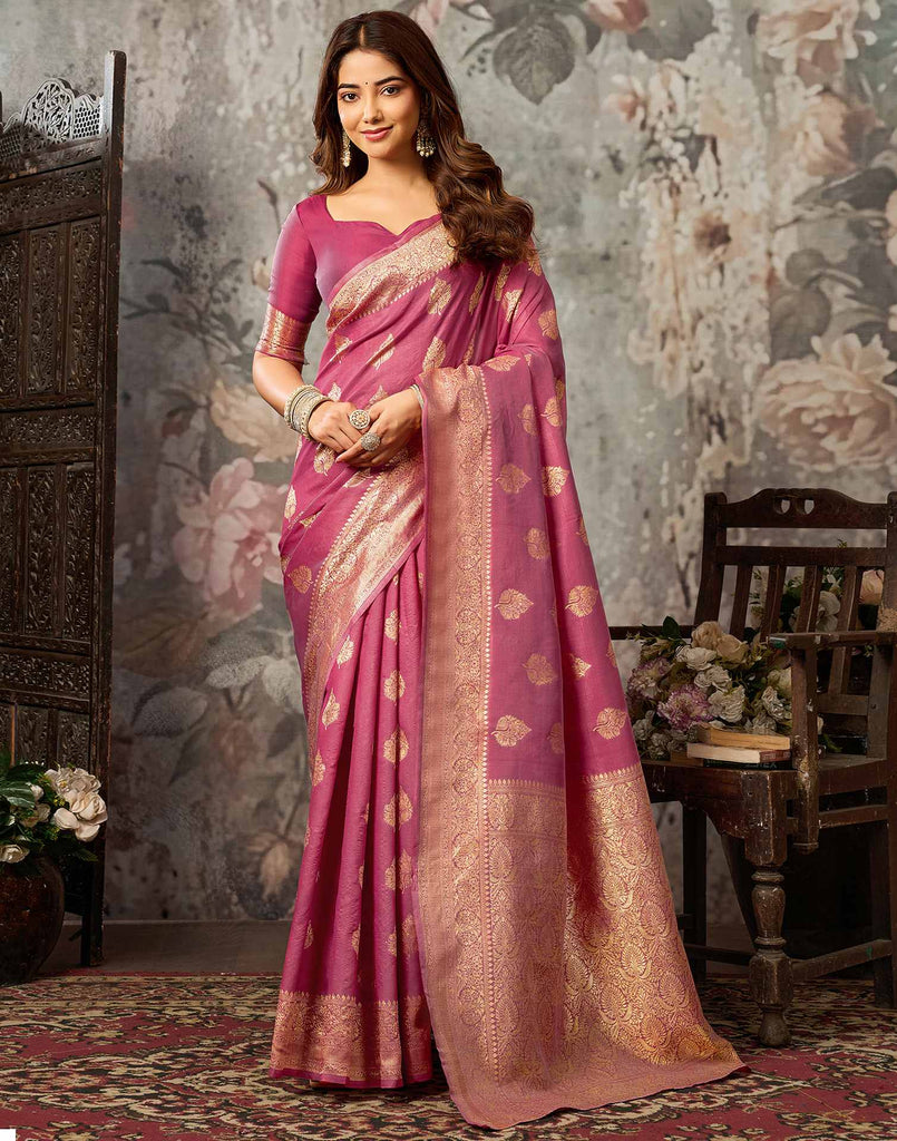 Dark Coral Pink Silk Woven Banarasi Saree