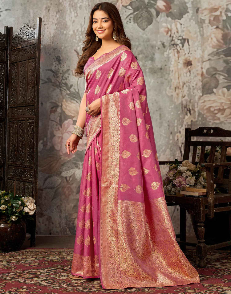 Dark Coral Pink Silk Woven Banarasi Saree