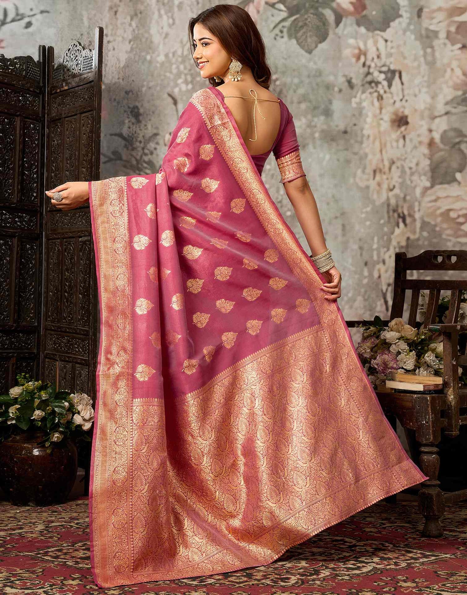 Dark Coral Pink Silk Woven Banarasi Saree