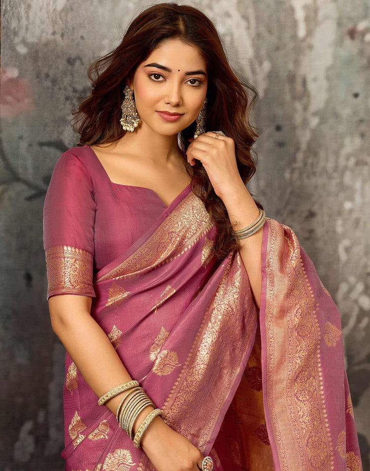 Dark Coral Pink Silk Woven Banarasi Saree