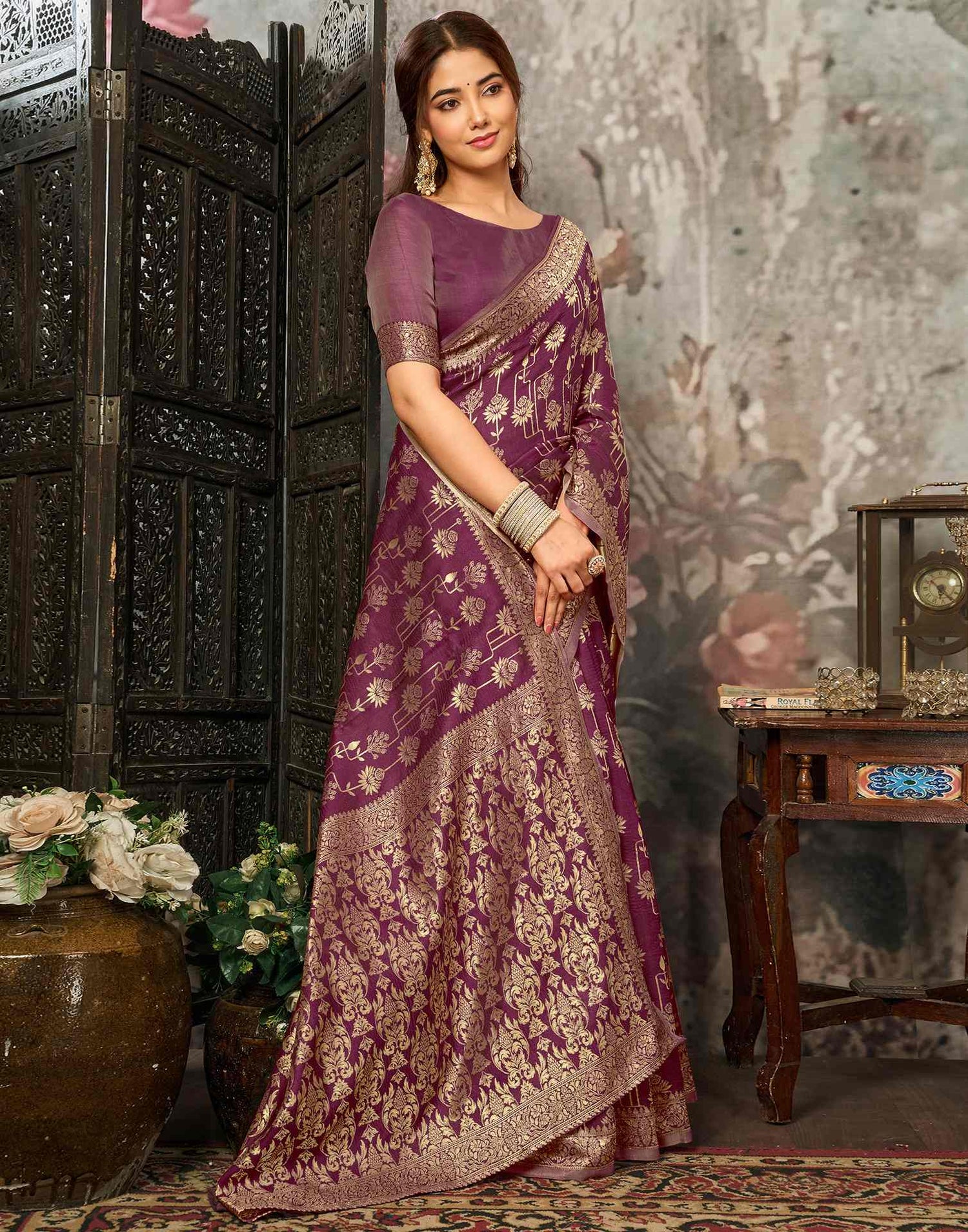 Magenta Silk Woven Banarasi Saree