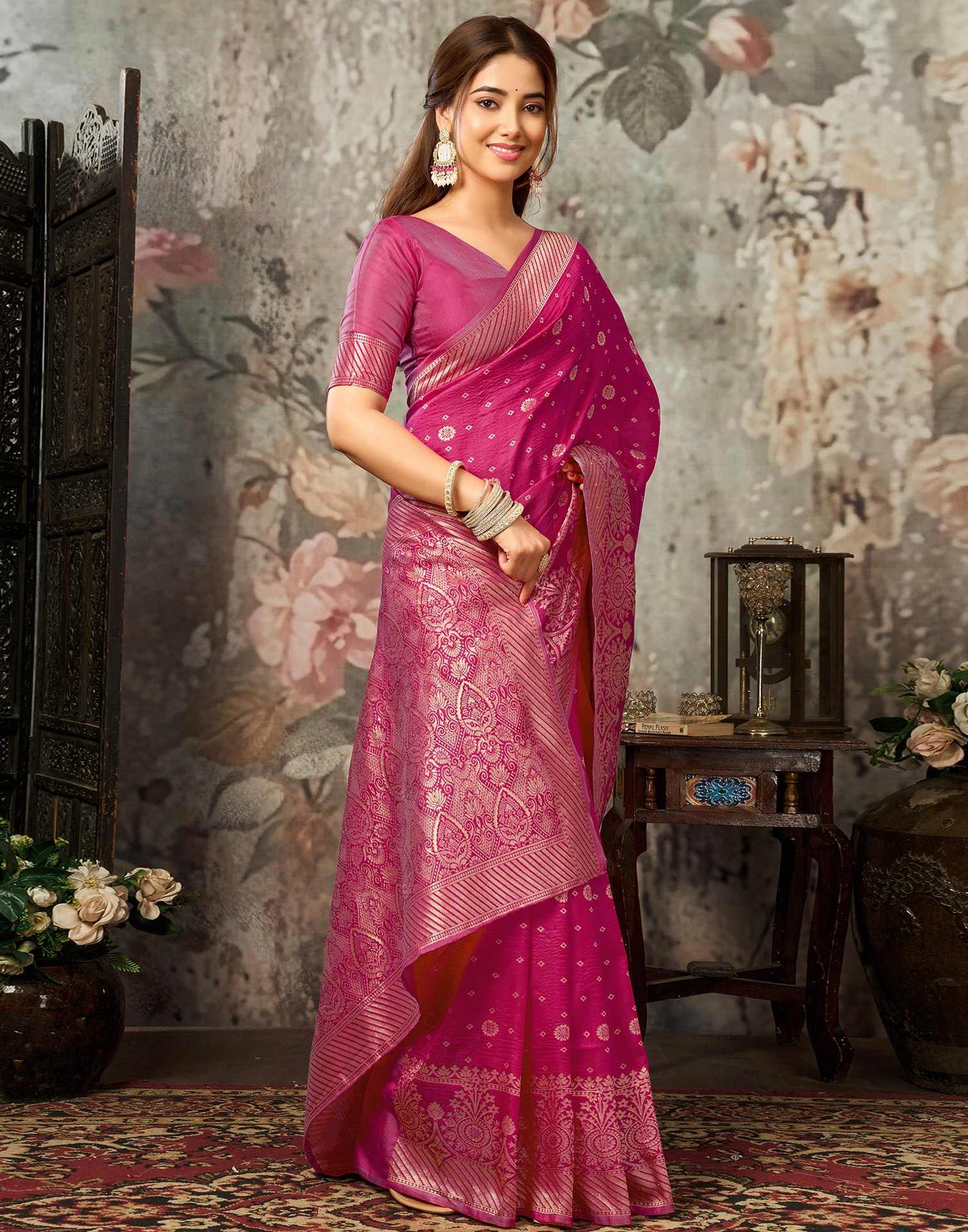 Rani Pink Silk Woven Banarasi Saree