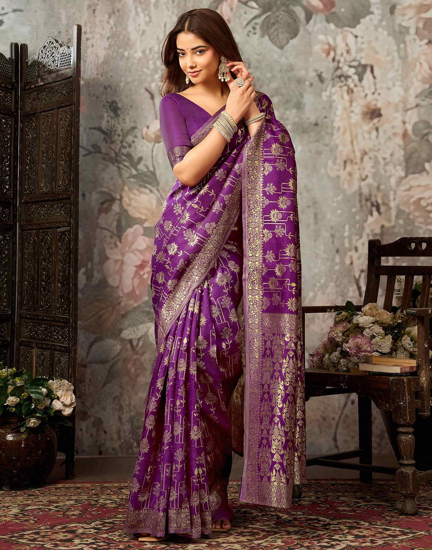 Magenta Silk Woven Banarasi Saree