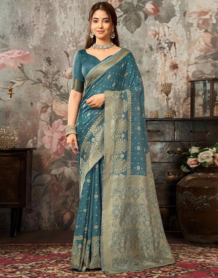 Teal Blue Silk Woven Banarasi Saree