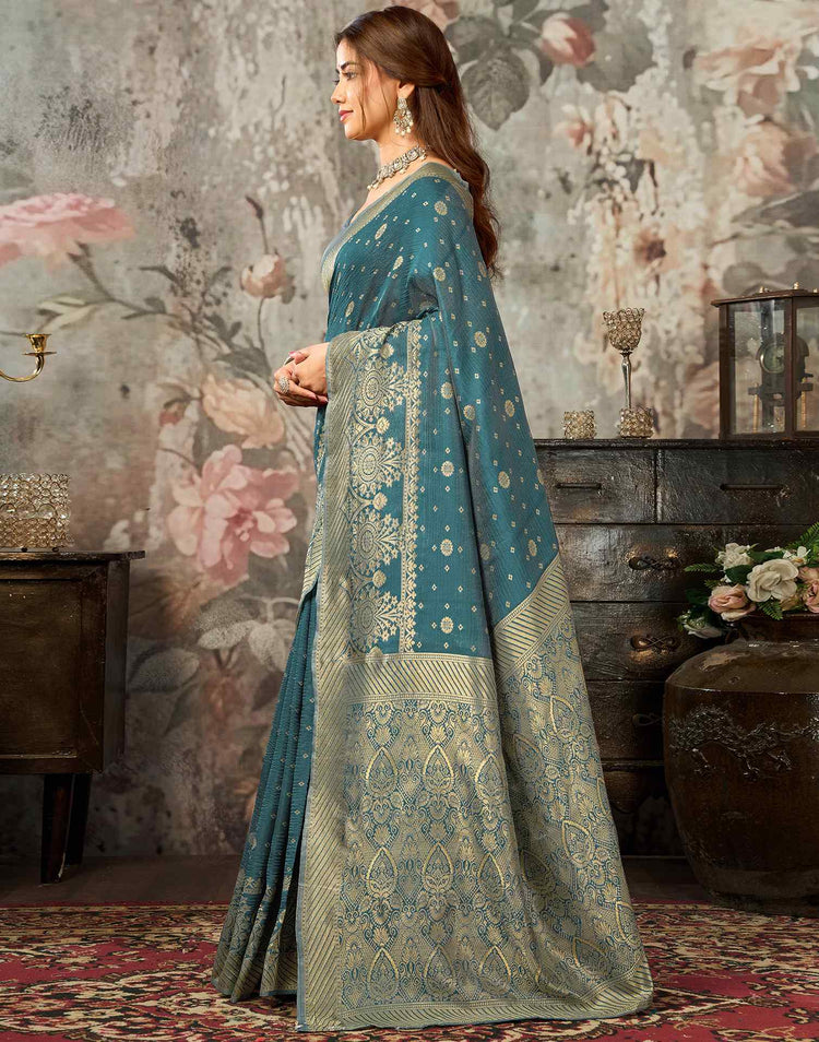 Teal Blue Silk Woven Banarasi Saree
