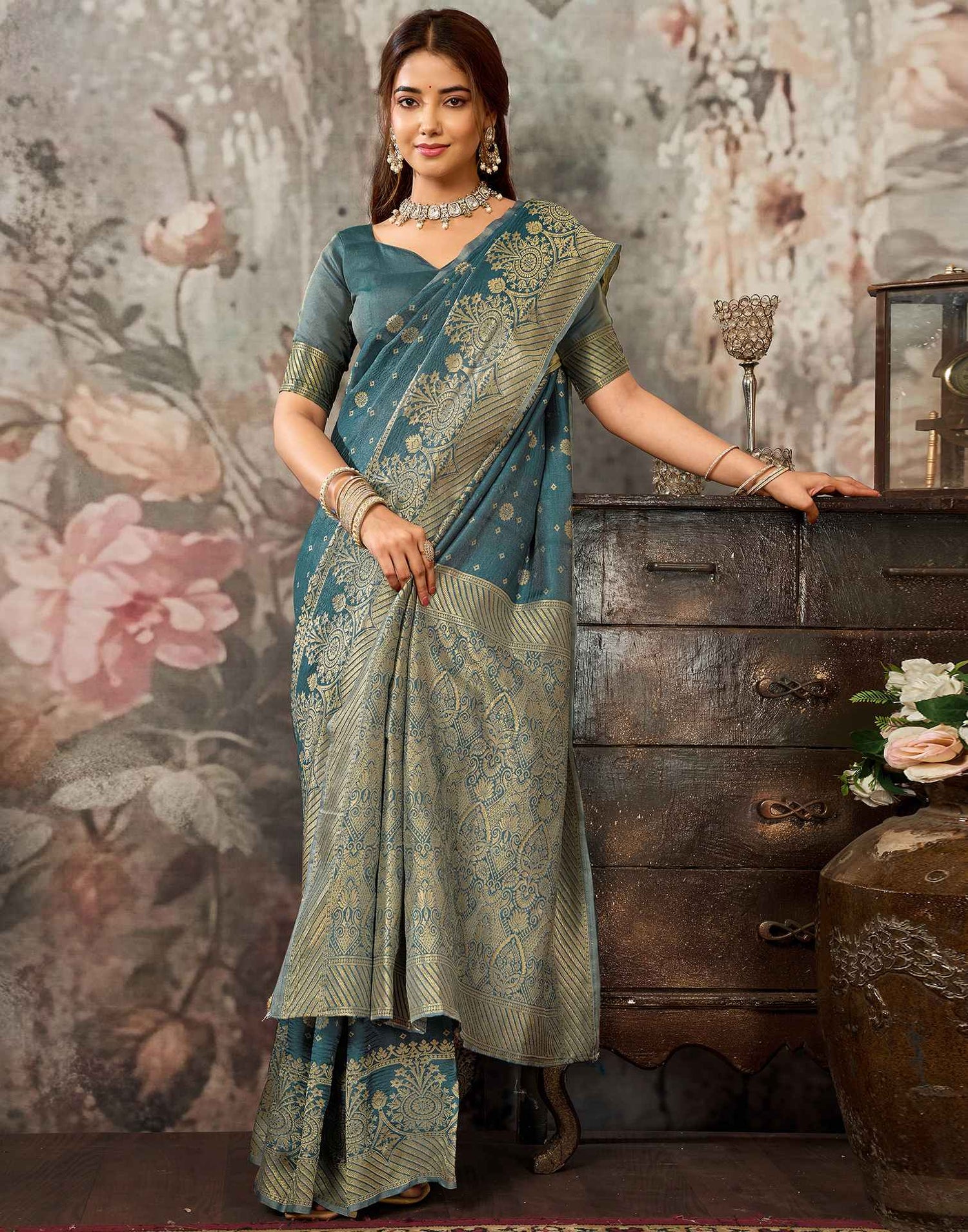 Teal Blue Silk Woven Banarasi Saree