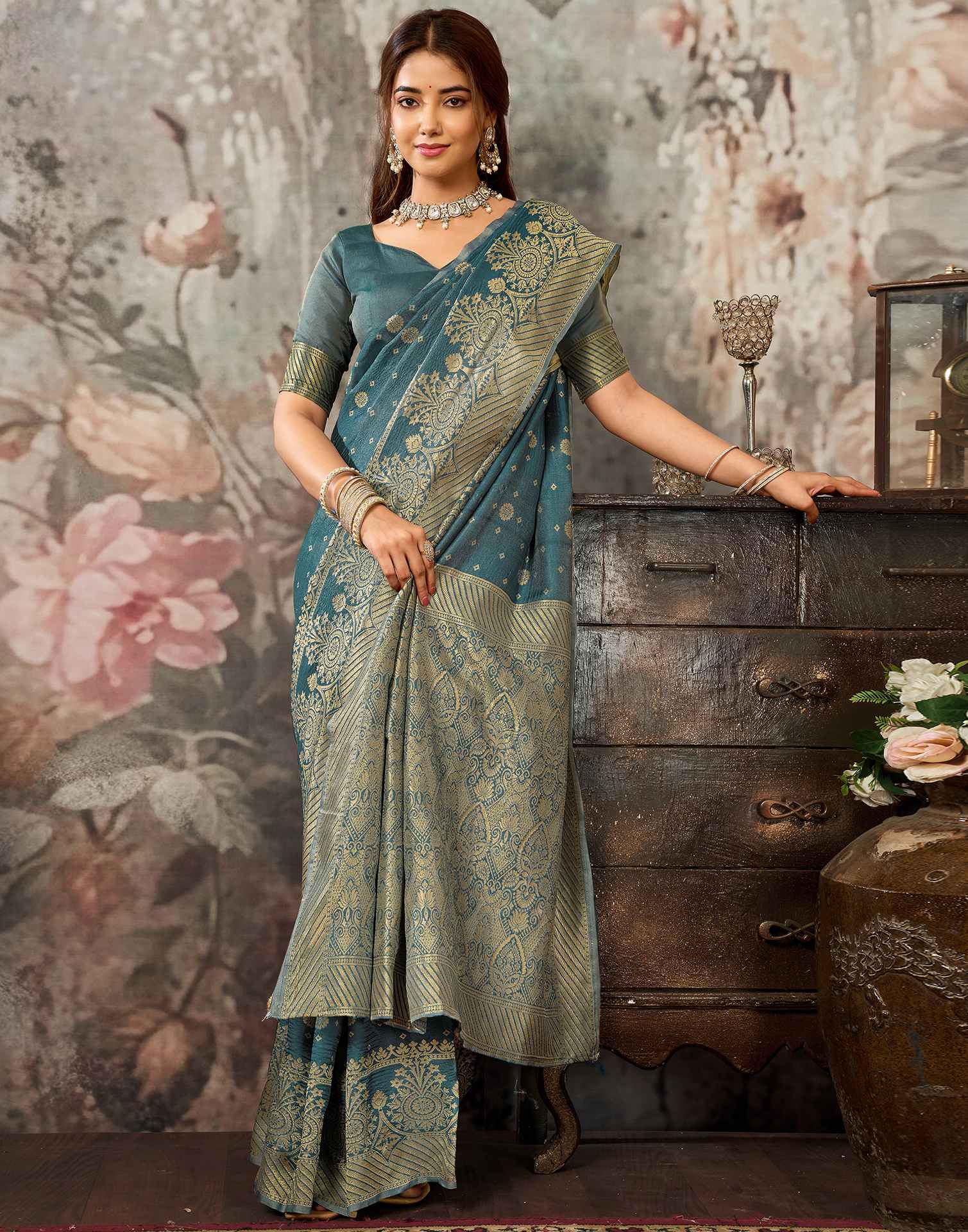 Teal Blue Silk Woven Banarasi Saree